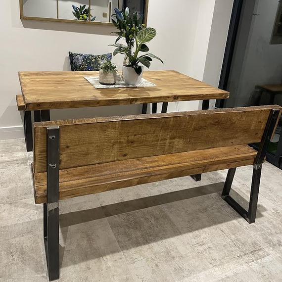 Rustic Handmade Dining Table plus Bench with Back - Jacobean