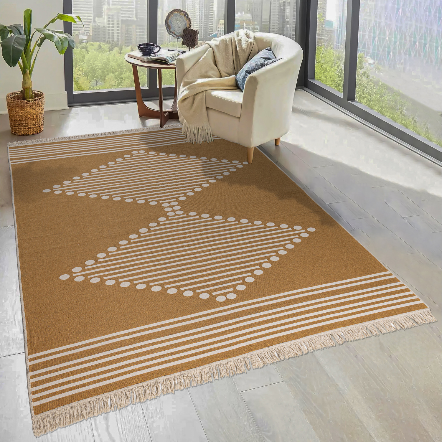Gold Scandi Fringed Flatweave Area Rug - Azteca