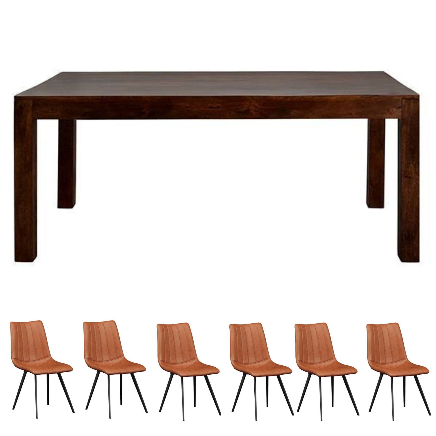IH Design - Dakota 6Ft Mango Wooden Large Dining Table Set With 6 Chairs - Dark Wood thumbnail