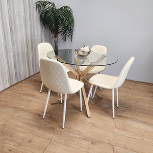 Dining Glass Table With 4 Cream Chairs Set