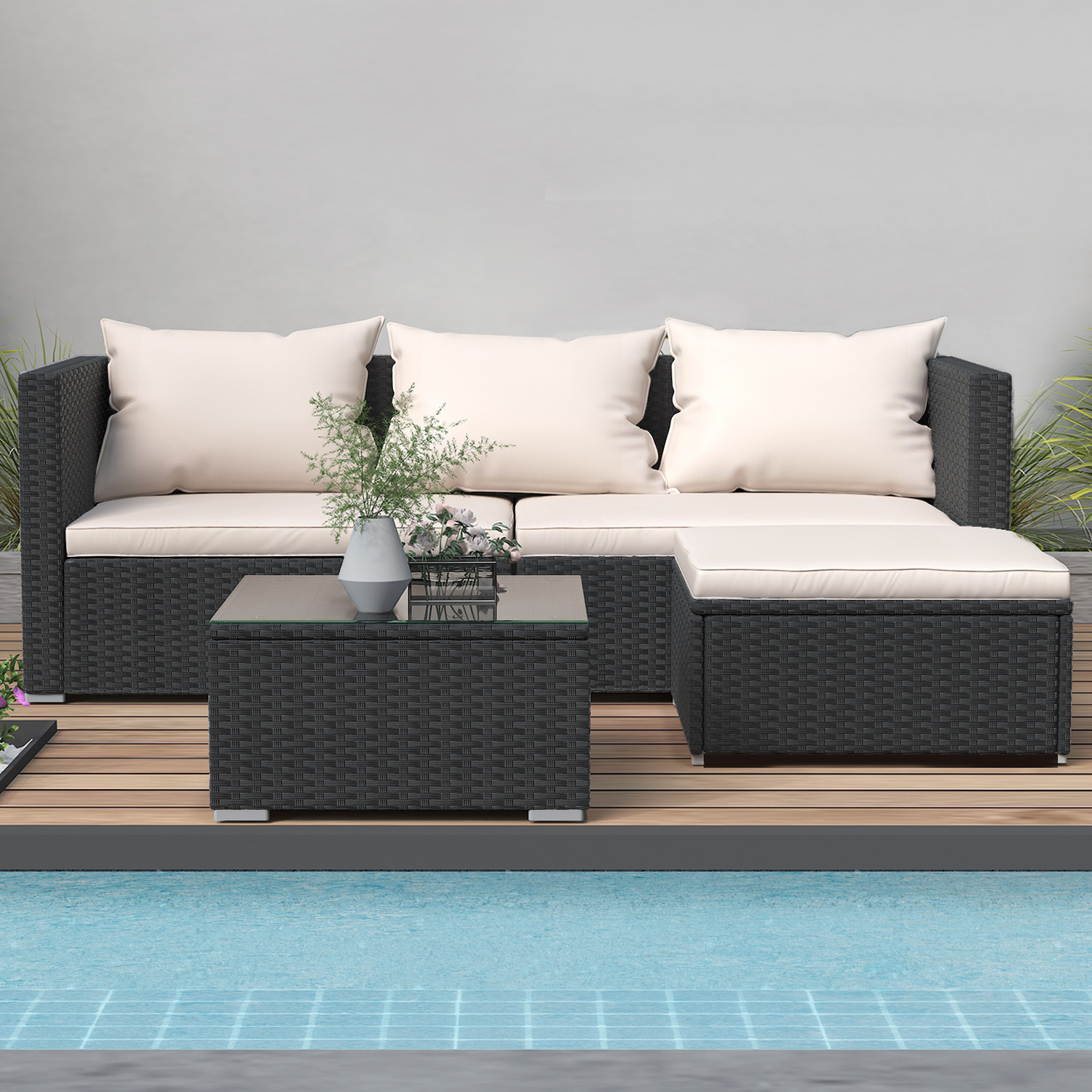 Bigzzia - 5 Piece Rattan Garden Patio Sofa Set - Black / No Cover thumbnail