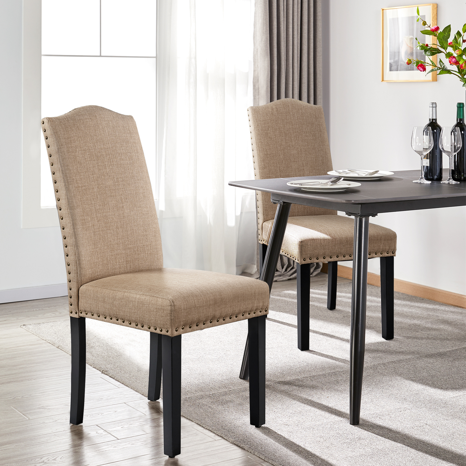 Set Of 2 Fabric Dining Chair With Nailhead Trim - Khaki