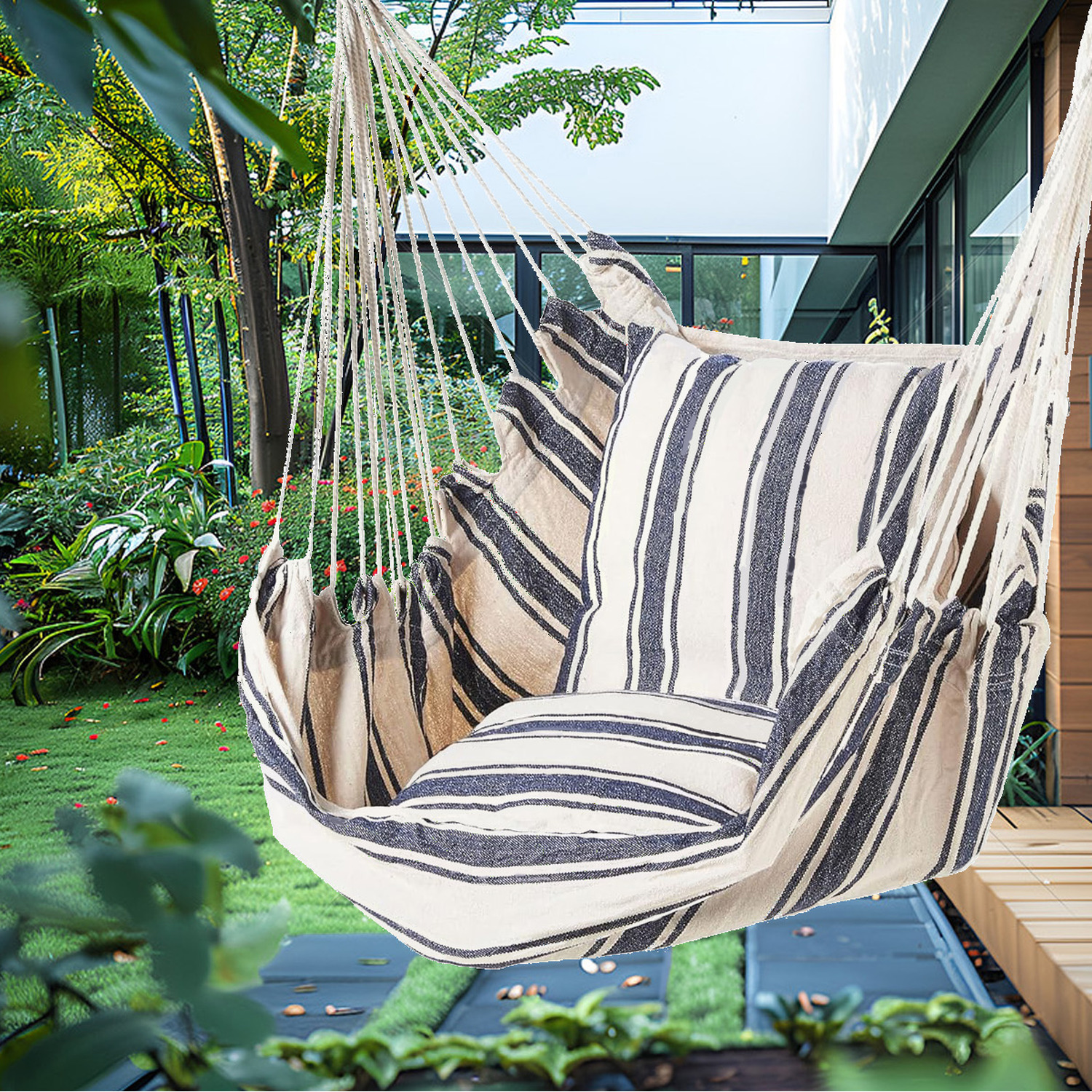Hammock Hanging Rope Chair Swing Seat With Pillows Cushion - Blue And White