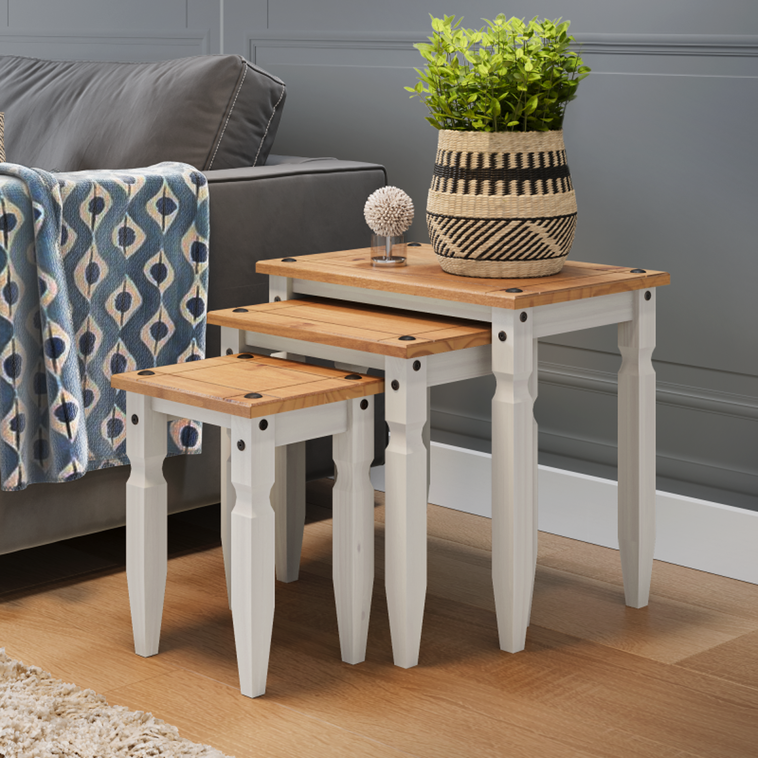 Corona Piccolo Nest Of 3 Tables Solid Wood Pine Wooden Side End Lamp - Distressed White Wax