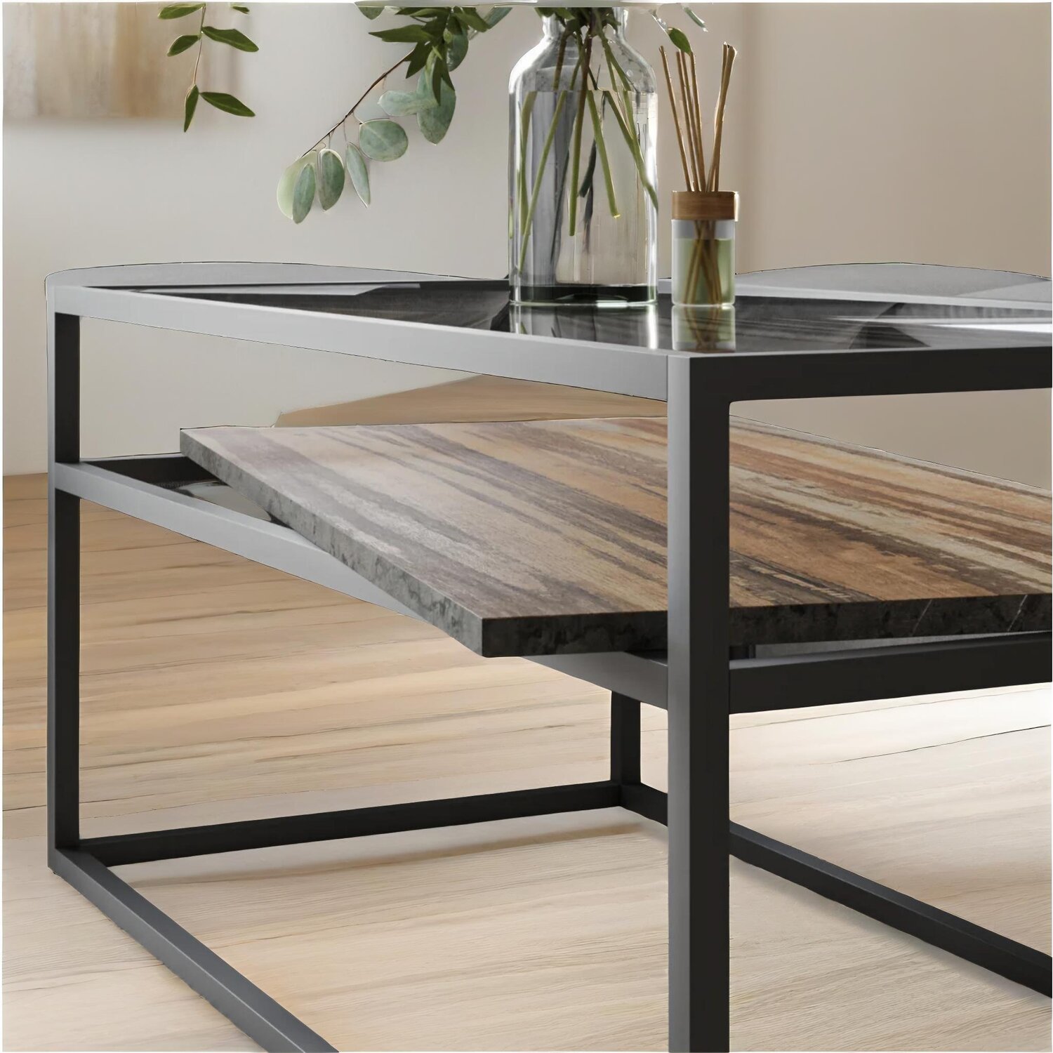 Glass Top Coffee Table With Steel Frame - Dark Walnut Dark Walnut