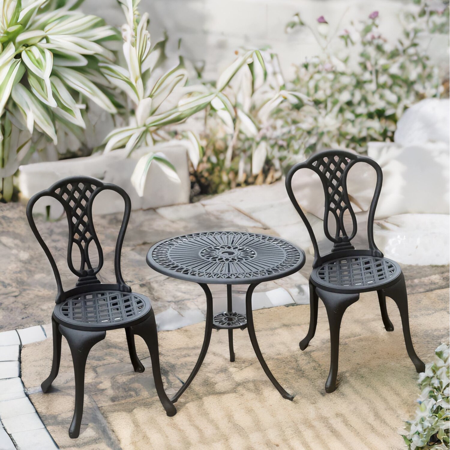 Set Of 3 Cast Aluminium Bistro Table And Chair - Black