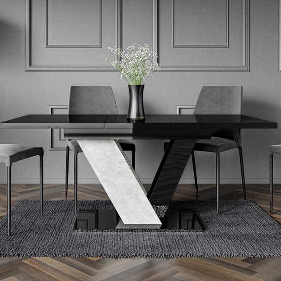 Dubai Extendable Black Gloss Stone Effect Dining Table 120-160cm - Seats Up to 6