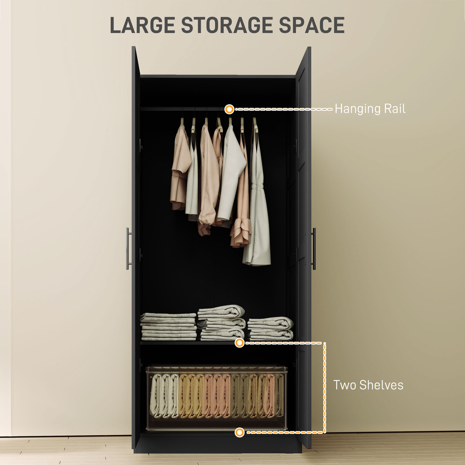 Homcom Double Wardrobe With Shelves Hanging Rail - Black