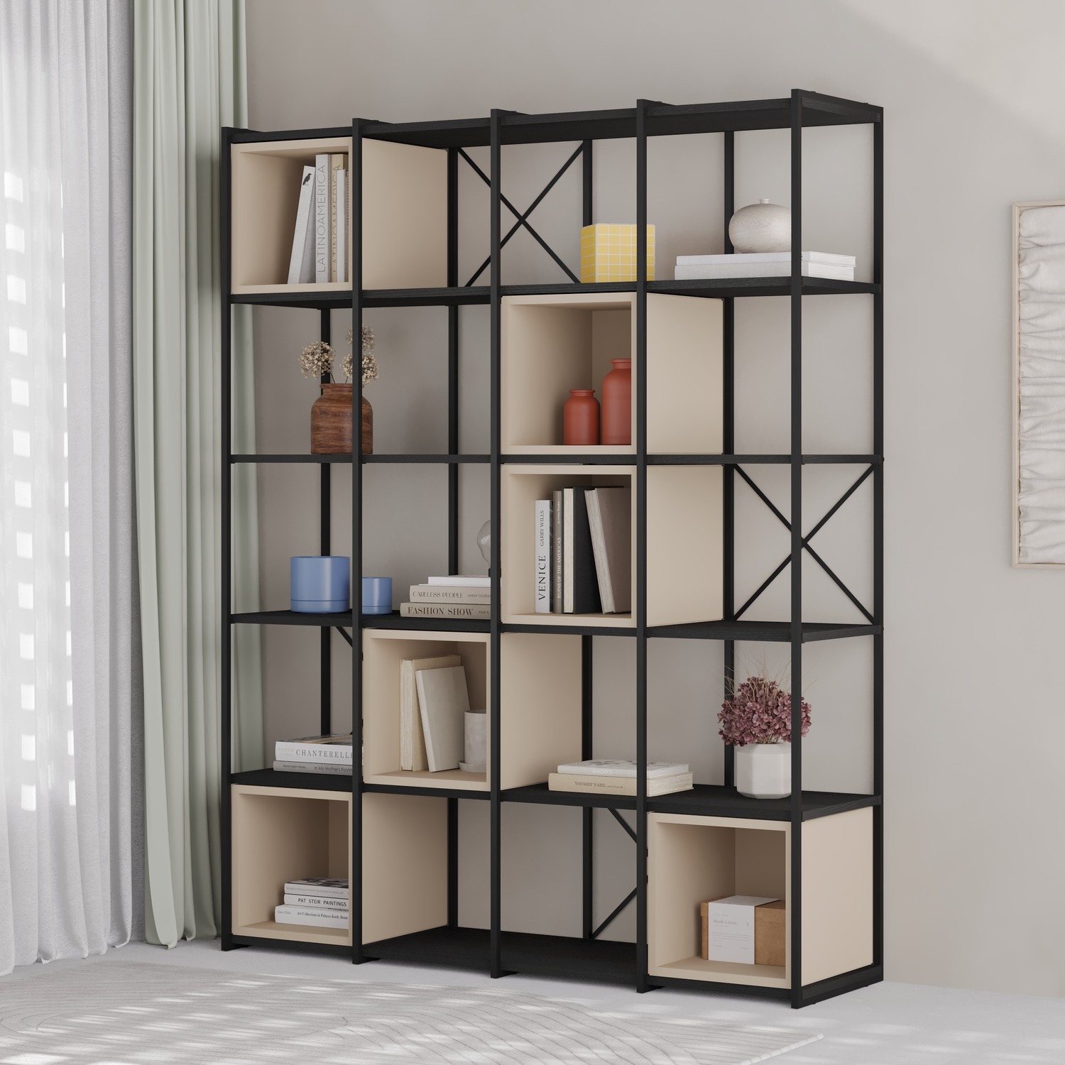 Decortie Vale Maxi Modern Bookcase 5-Tier Adjustable Shelves - Black Wood - Sandstone