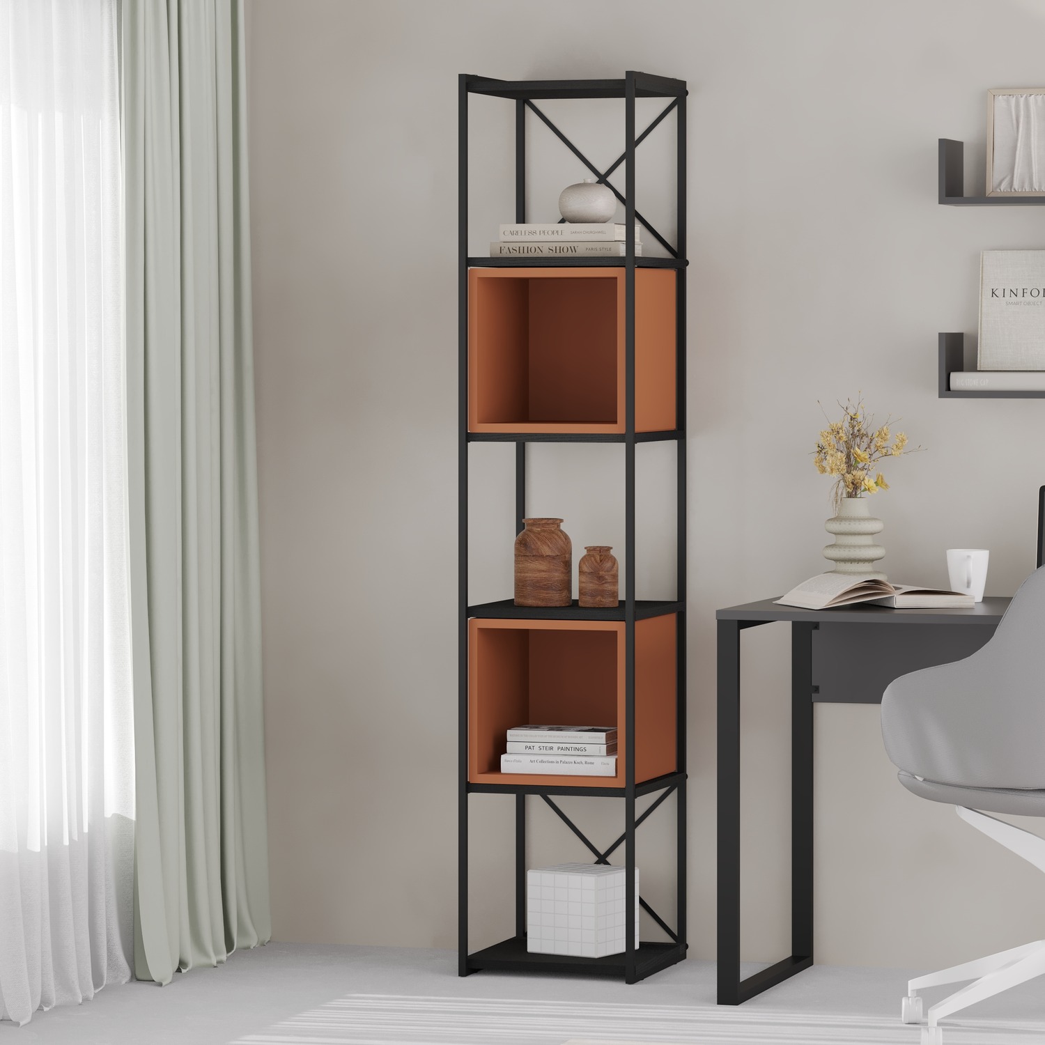 Decortie Vale Mini 18Mm Bookcase 5-Tier With Adjustable Shelves - Black Wood - Cinnamon