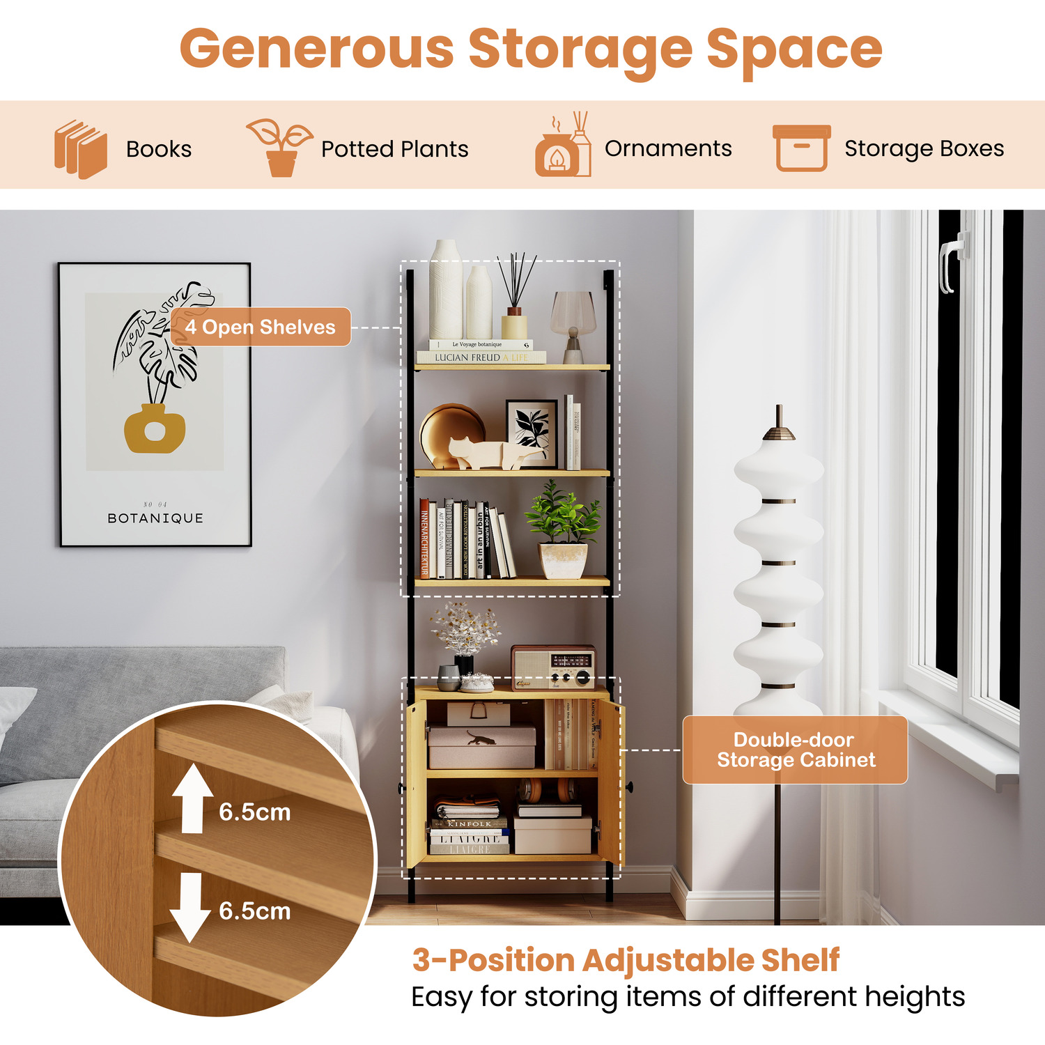 Wall Mount Bookcase With Rattan Cabinet - Natural