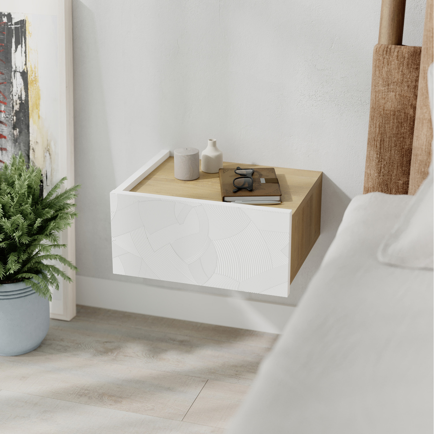 Wall Bedside Table with Drawer Handleless Nightstand - White, Oak