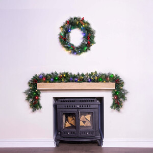 Pre-lit Decorated Mixed Pine Garland with Warm White Multicolour LEDs