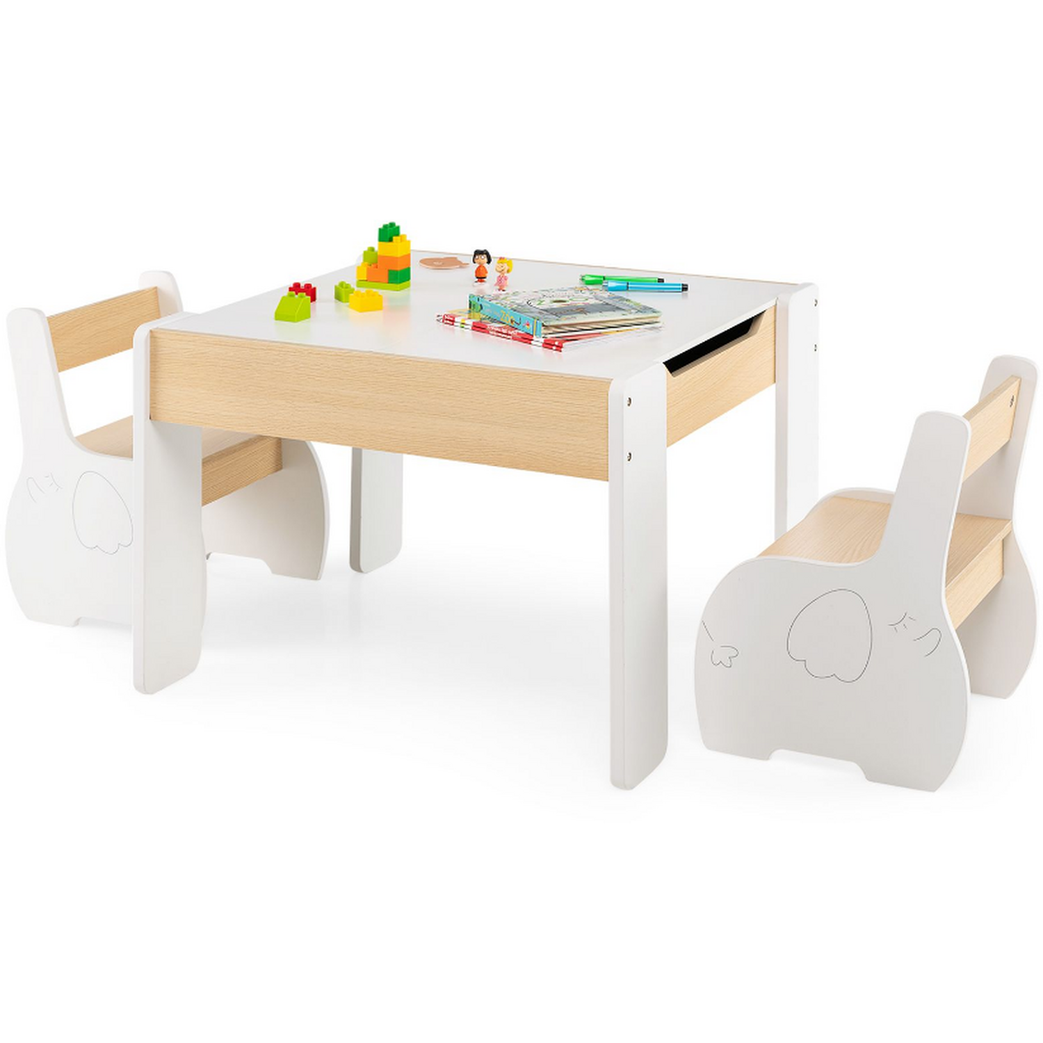 Kids Table And Chair Set With Hidden Storage - White