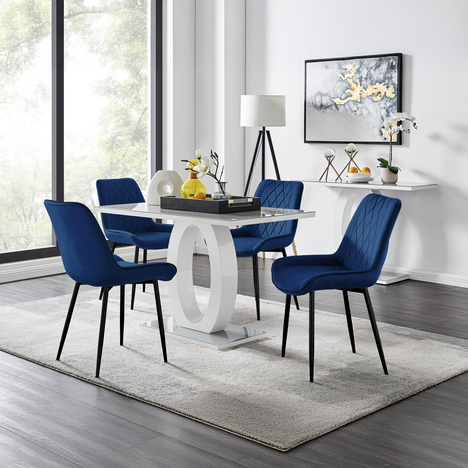 Giovani Grey Dining Table with Four Pesaro Black Leg Chairs - Navy