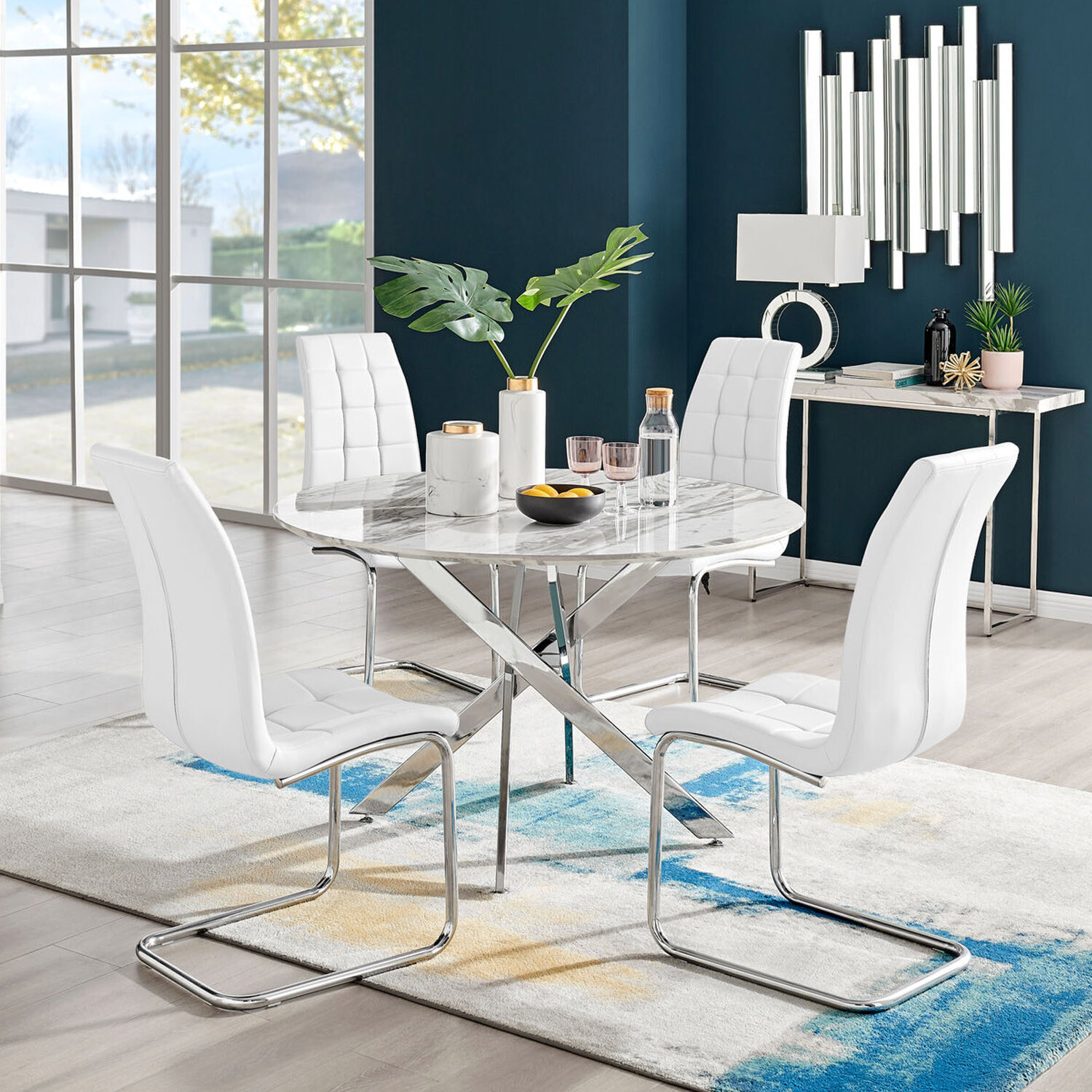 Novara White Marble Effect 120cm Dining Table 4 Murano Chairs - White