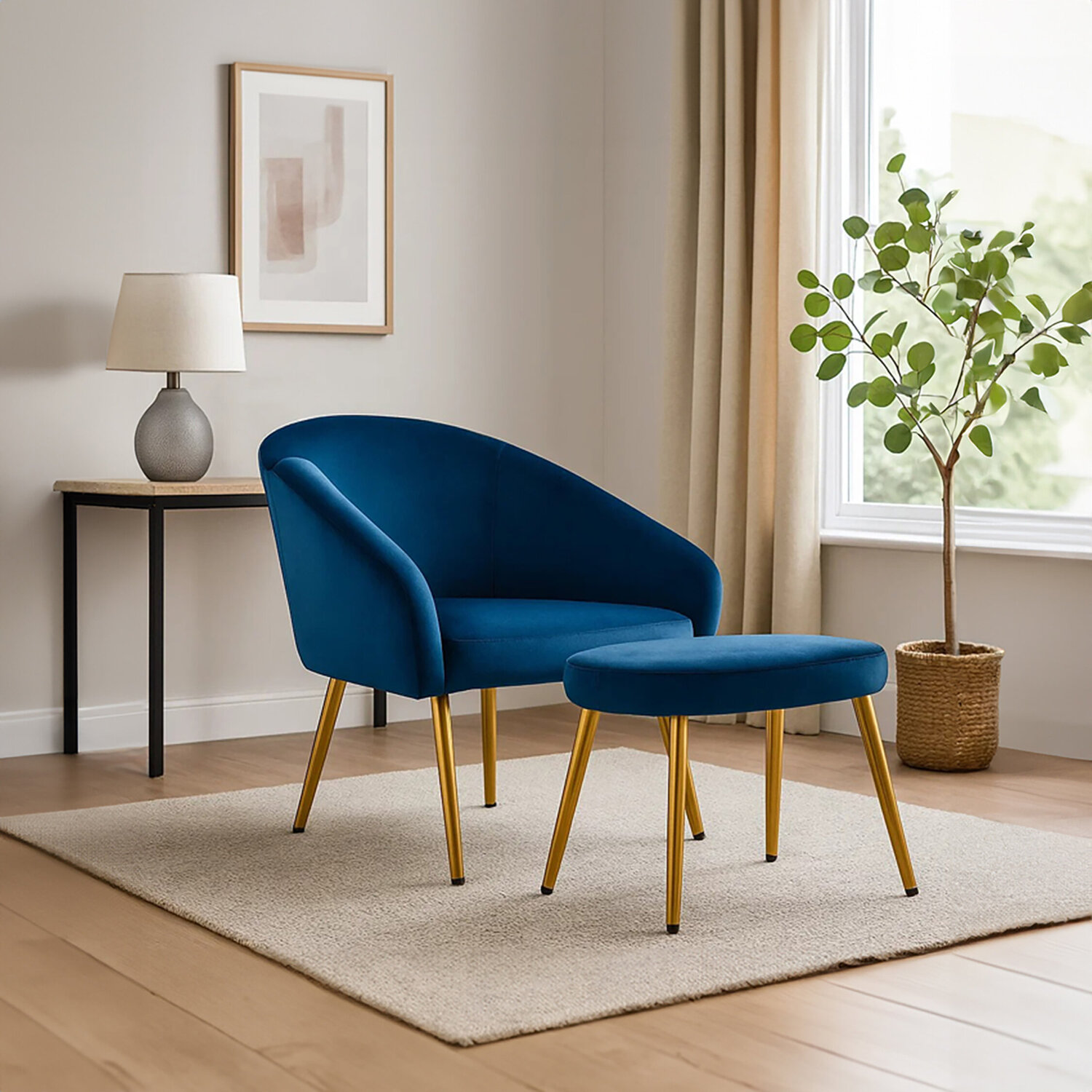 Yasmeen Midnight Blue Chair And Footstool - Blue