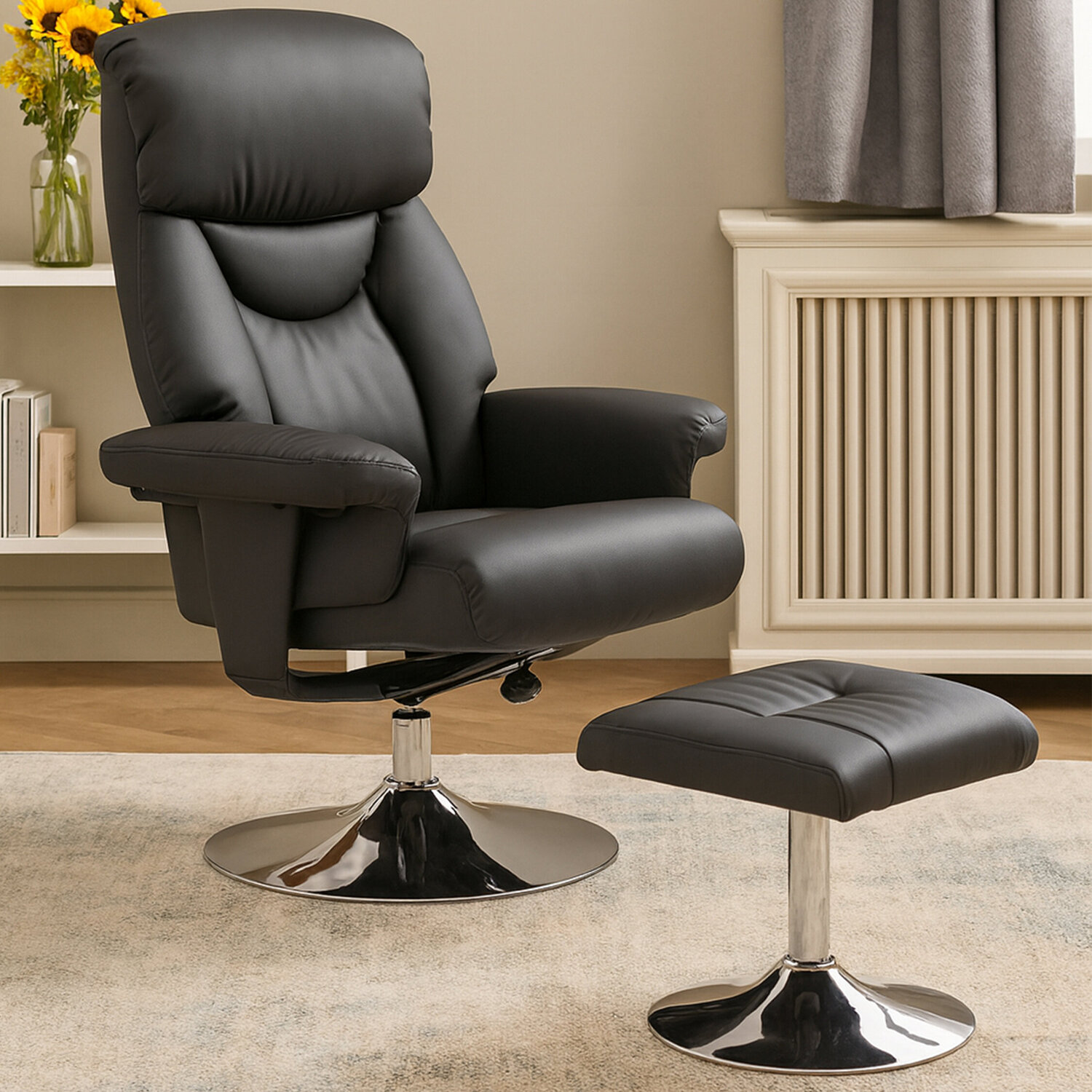 Denton Black Leather Effect Reclining Chair And Footstool - Black