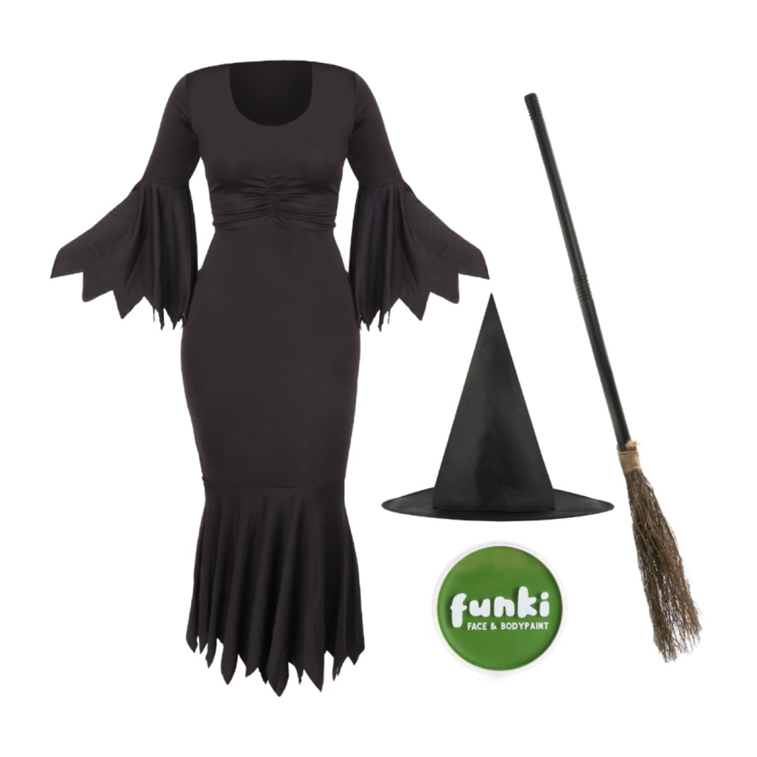 Witch Costume - Dress, Hat, Broom & Green Face Paint
