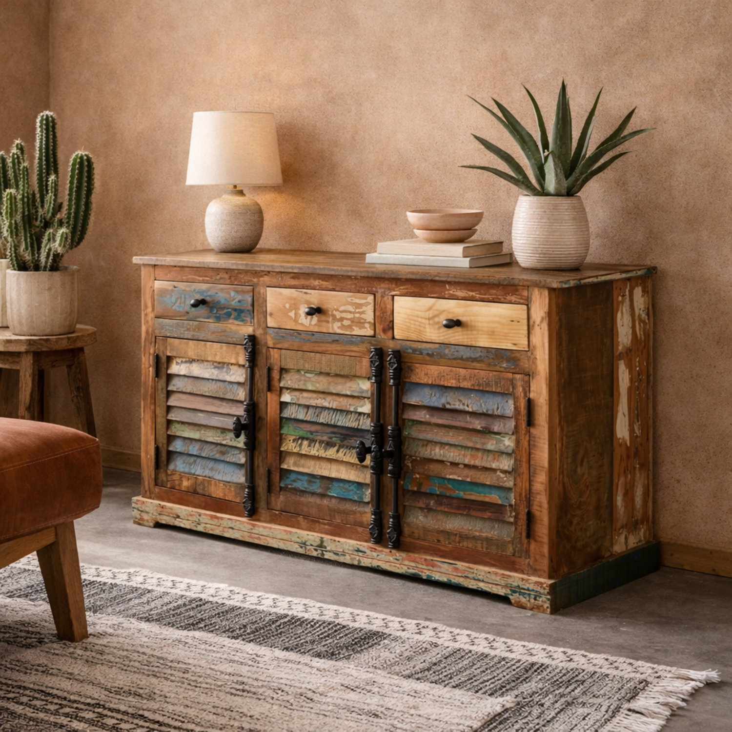 Seattle Large Reclaimed Timber Sideboard 3 Drawers 3 Doors - Brown