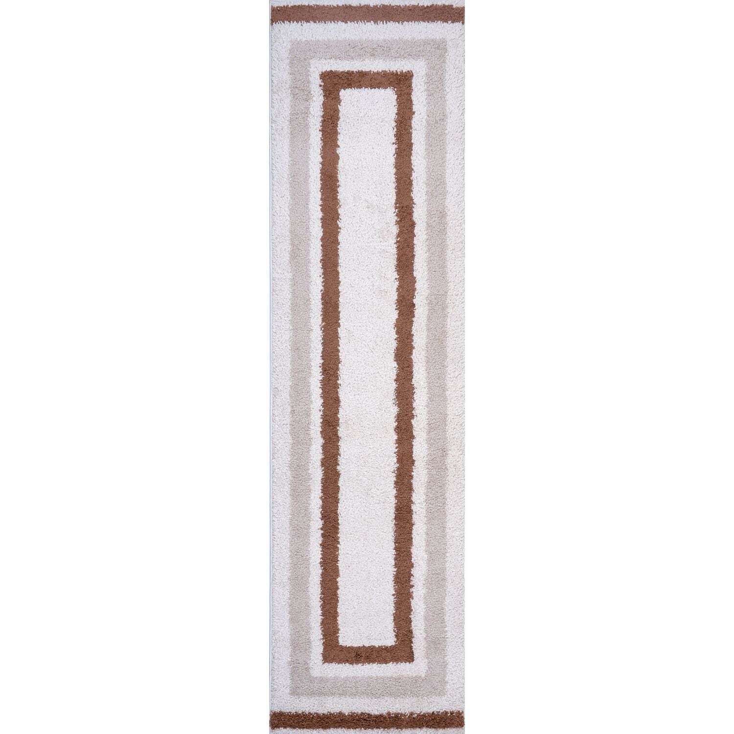 THE RUGS Soft Shaggy Area Rug – Modern Patterned Carpet for Living Room & Bedroom, Extra Plush, Easy to Clean, Border Design (80x300 cm, Beige/Terra) - Image 3