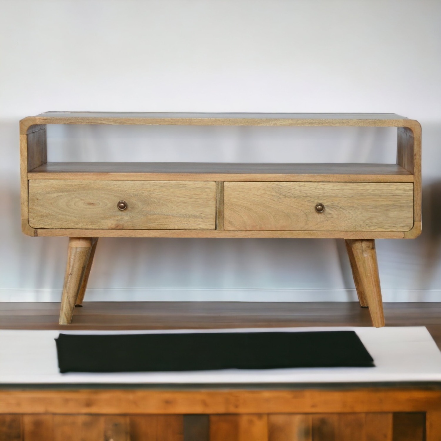 Solid Wood Curved Media Unit - Beige