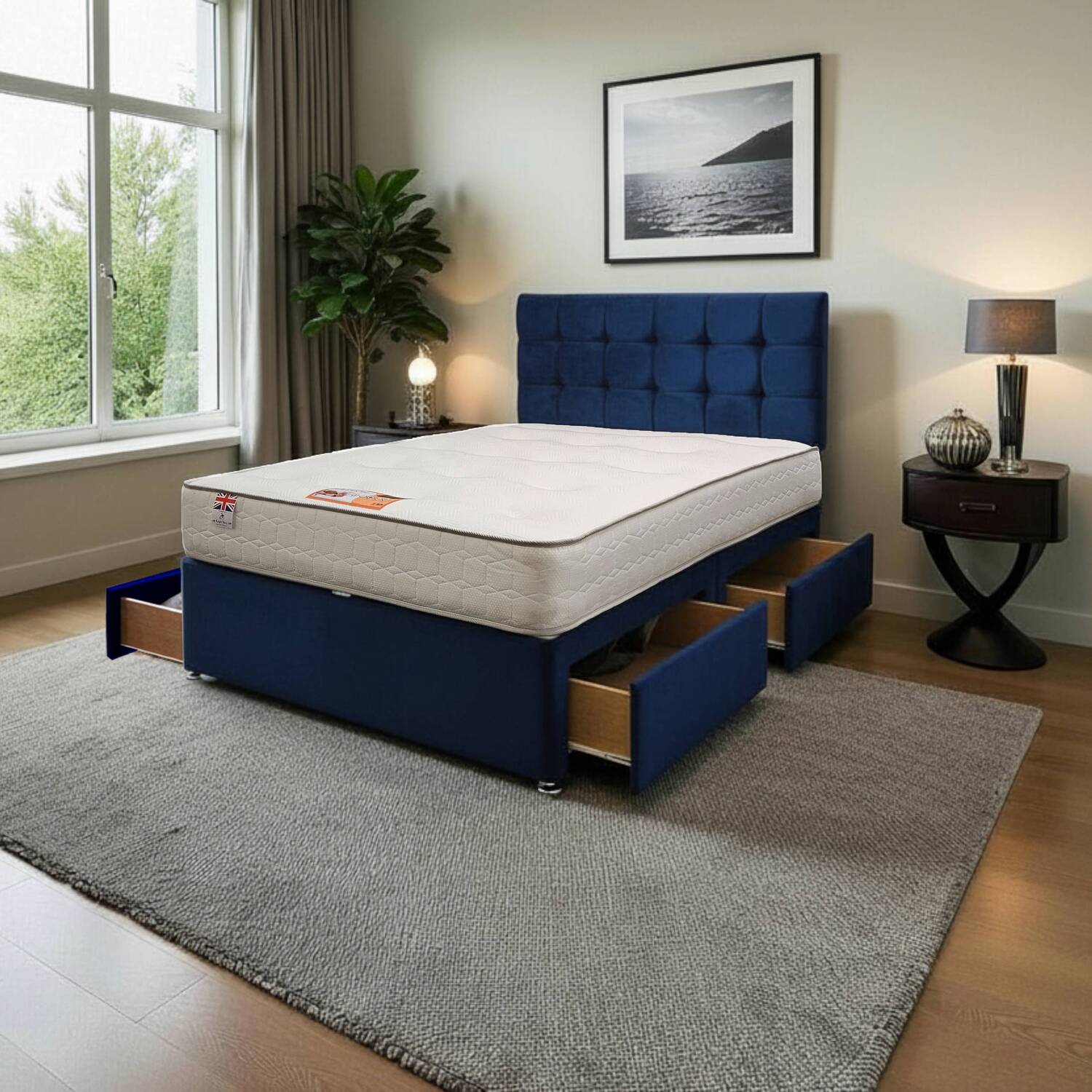 Cubed Plush Bed Set With Mattress And 24 Headboard - Navy King 4