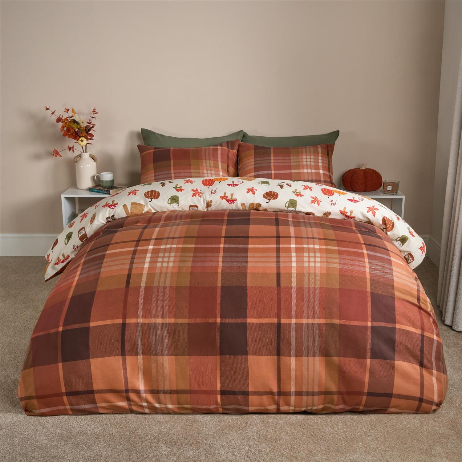 Ohs Autumnal Novelty Checked Reversible Duvet Cover Set - Cream/Rust / 0.99Kg