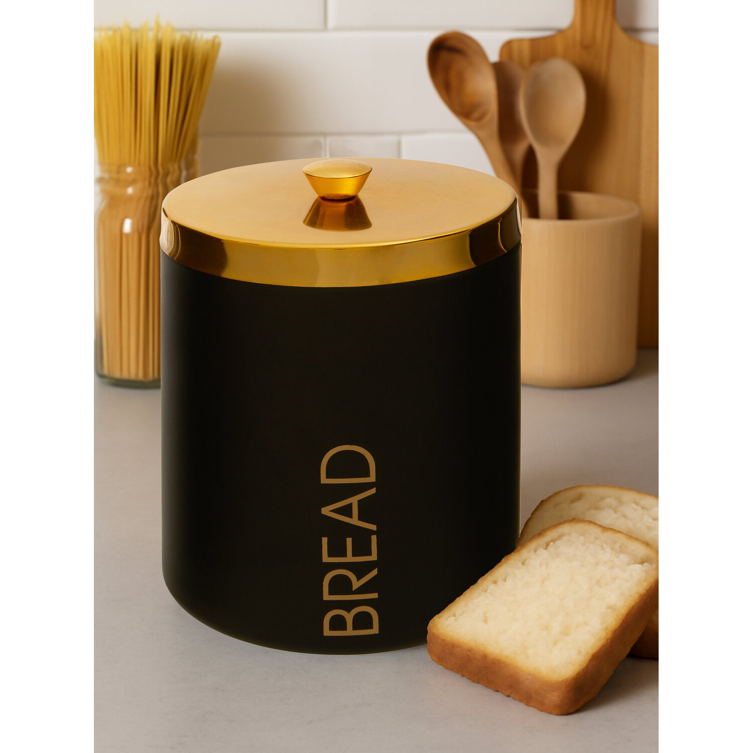 Liberty Black Enamel Finish Bread Bin - Black, Gold