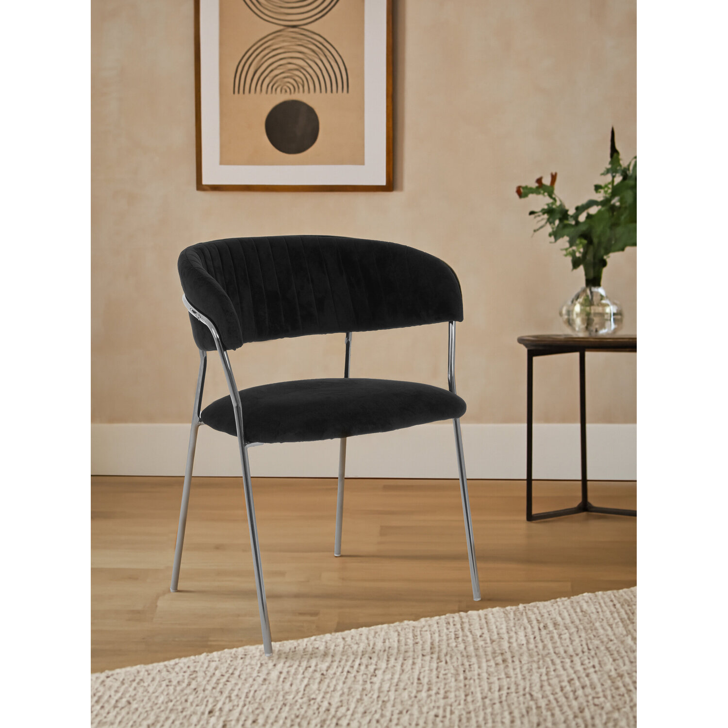 Tamzin Black Velvet Channel Tufted Dining Chair - Black, Silver