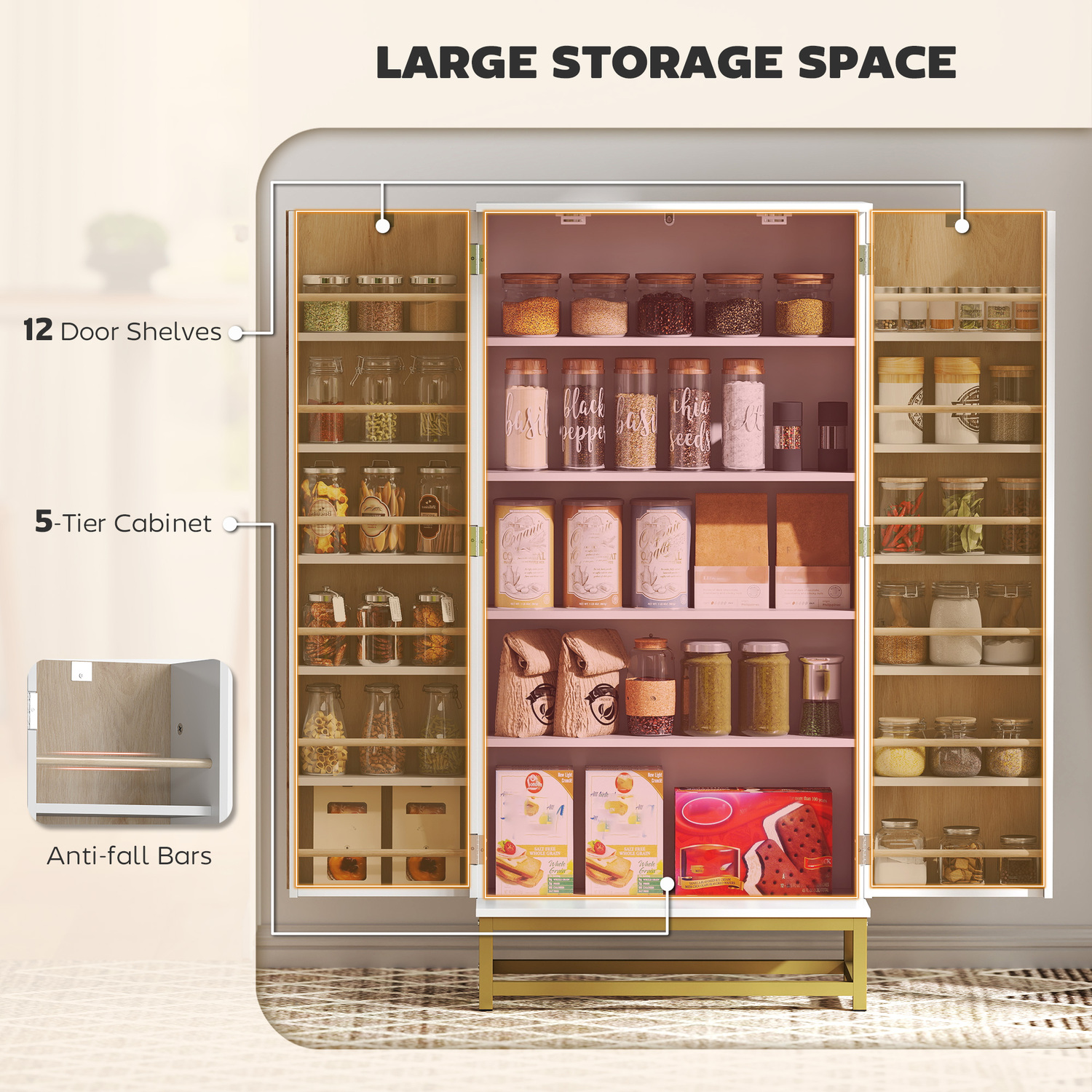 Homcom Kitchen Cabinet With Double Doors, 5 Tiers, 12 Spice Racks, White - Image 4