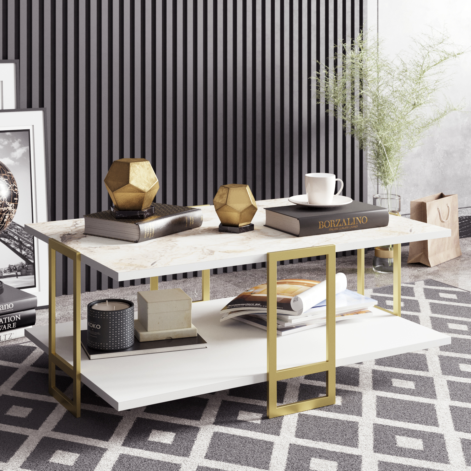 Polkana Coffee Table - White Marble Effect and Gold