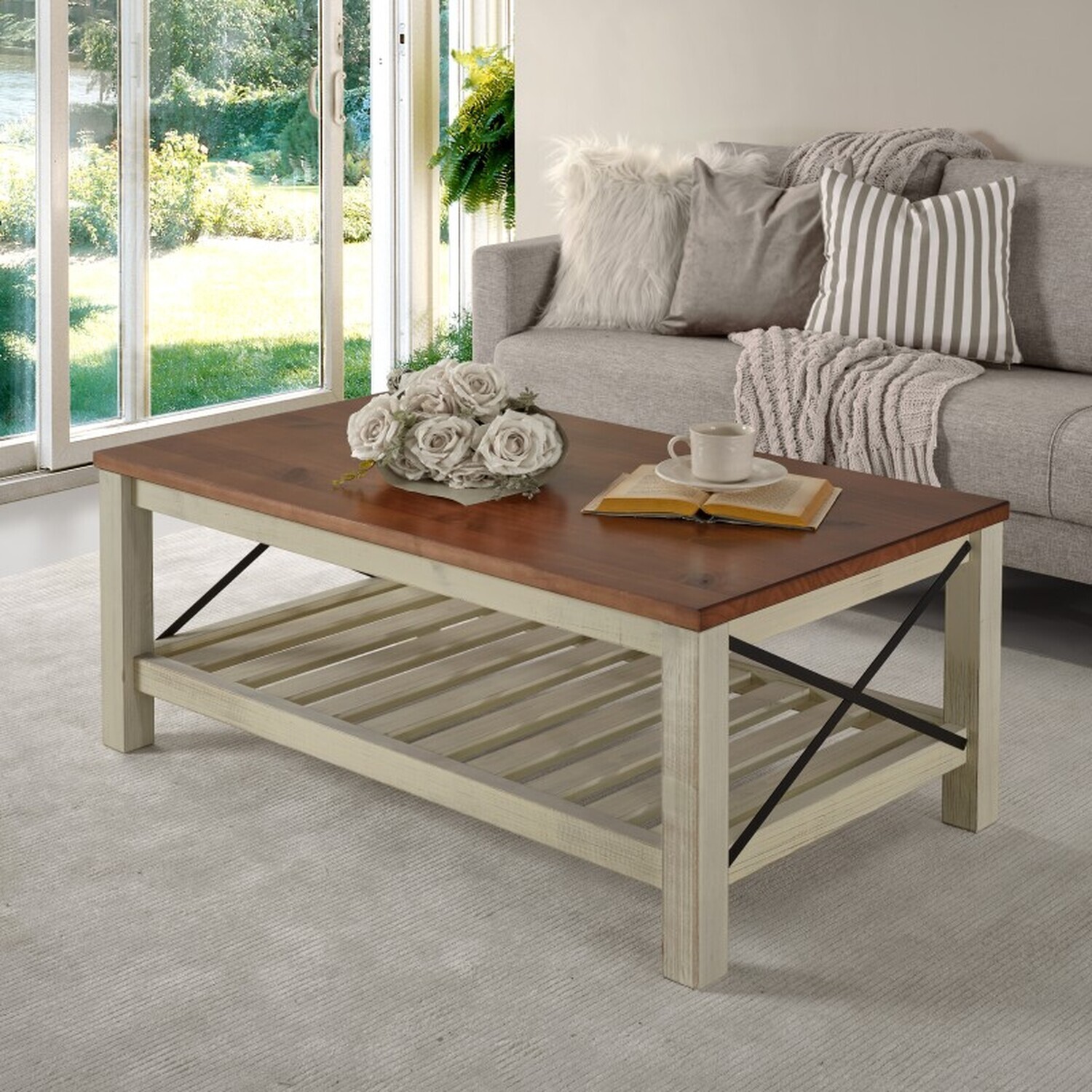 Cottage Large Coffee Table Solid Wood Wooden - White