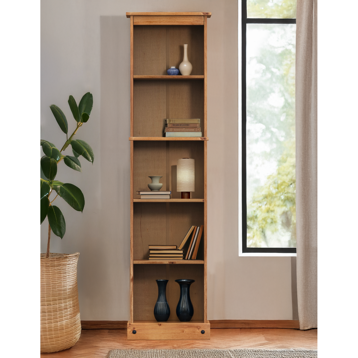 Corona Narrow Tall Bookcase Solid Wood Pine Wooden Slim Shelves - Antique Wax