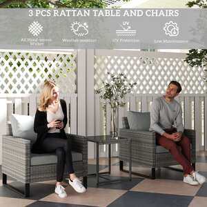 Dobaso Rattan Grey 3-Piece Bistro Set with Glass Coffee Table