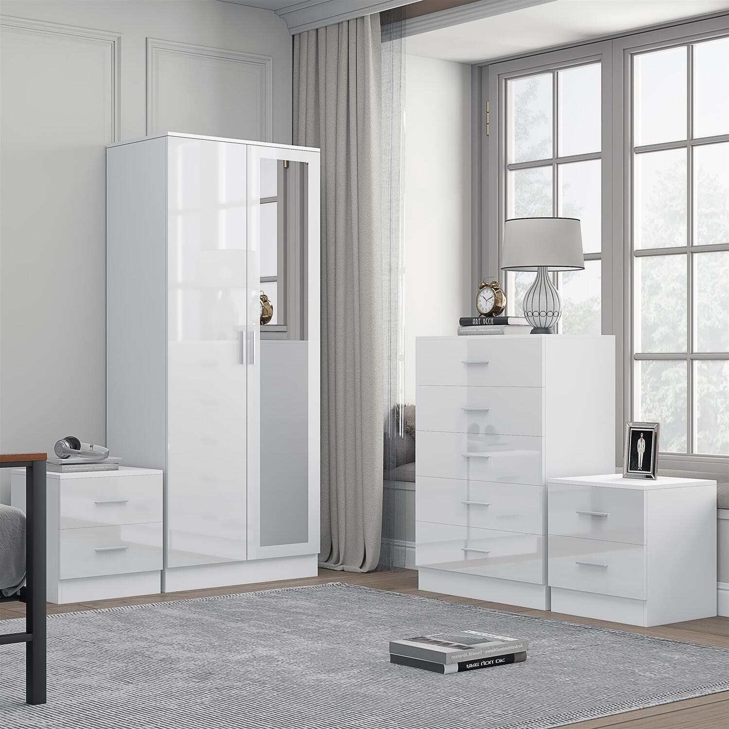 B&Q - 2 Door Mirror Wardrobe5 Drawer Chest2X 2 Drawer BedsidesWhite Gloss & Matt WhiteModern Bedroom Furniture Set - Image 6