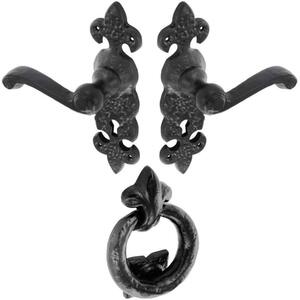 Dzina Fleur de LYS Lever Lock Door Handle and Ring Door Knocker Set, Antique Black, 1 Set