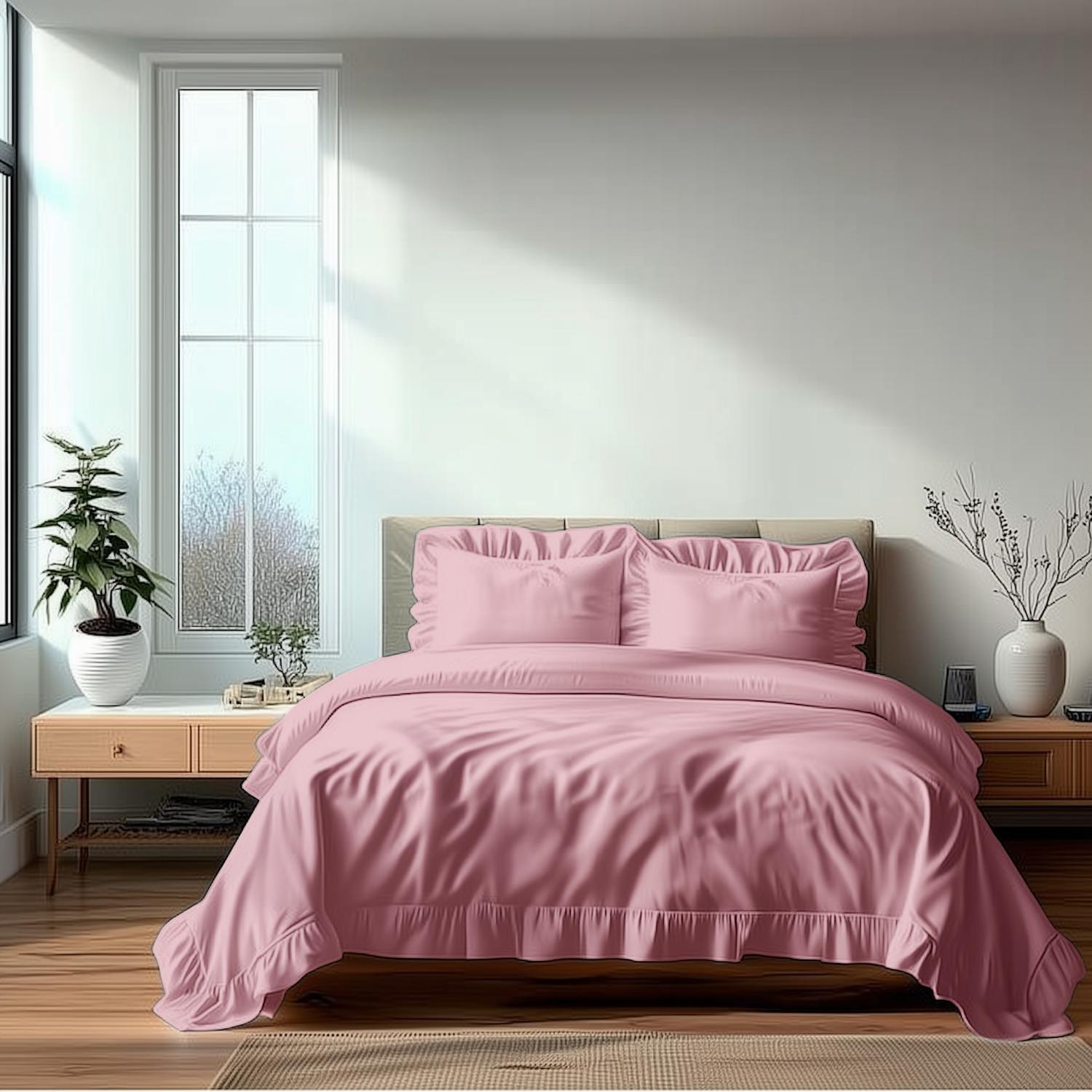 Duvet Cover And Pillowcase Set Pink Teal White Green Silver Frilled Design Polycotton Linen - Blush Pink / Superking