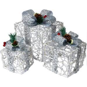 Pegdev Silver LED Xmas Gift Boxes Set of 3 Timer 60 LEDs