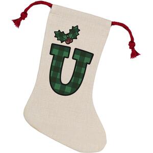 Green Tartan Alphabet Letter U Stocking - Novelty Xmas Gift - Linen-Style With Red Drawstring Ties