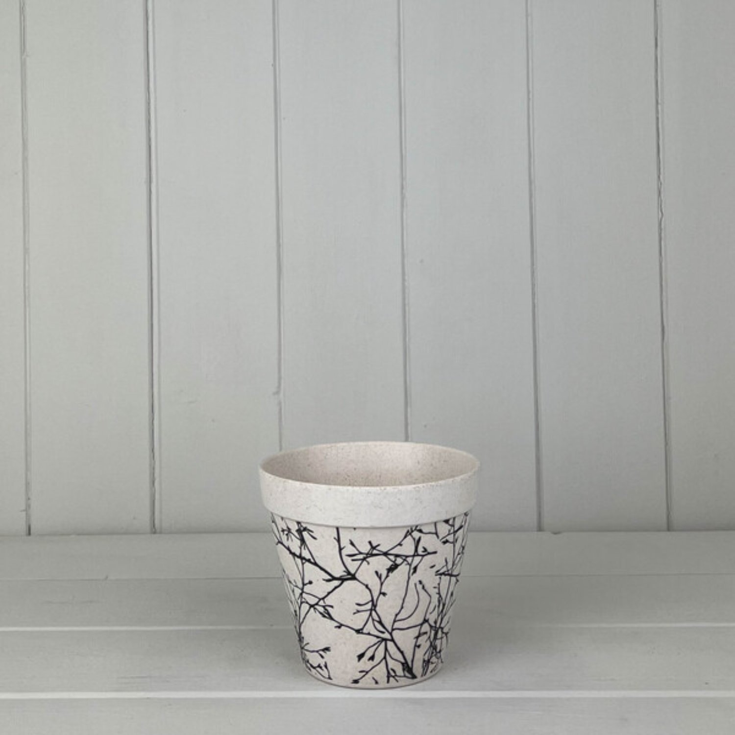 White Earthy Natural Bamboo Flower Pot With Silhouette Branch Design - Natural