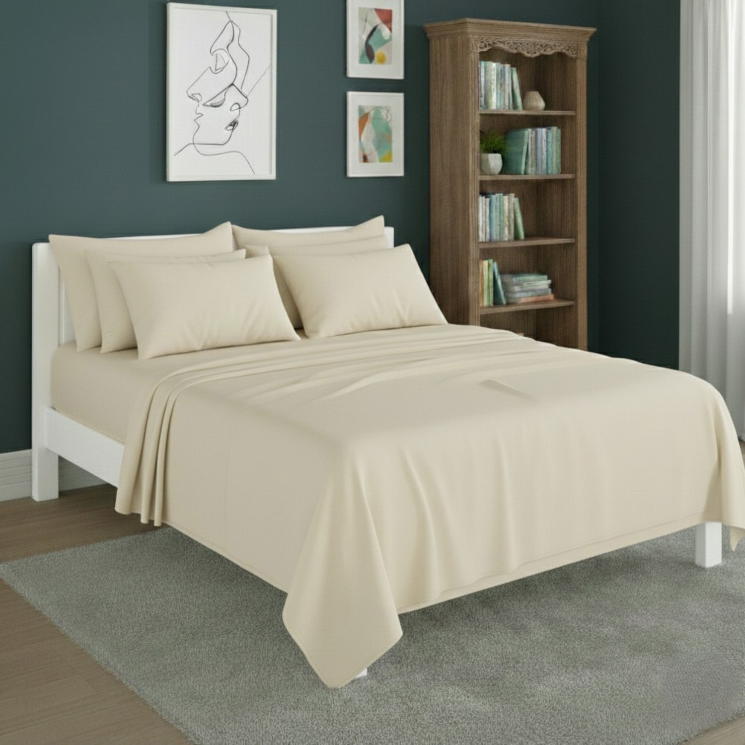 Snug City Plain Poly Cotton Easy Care Fitted Flat Sheet Matching Pillowcases Set in Cream | Size: Double