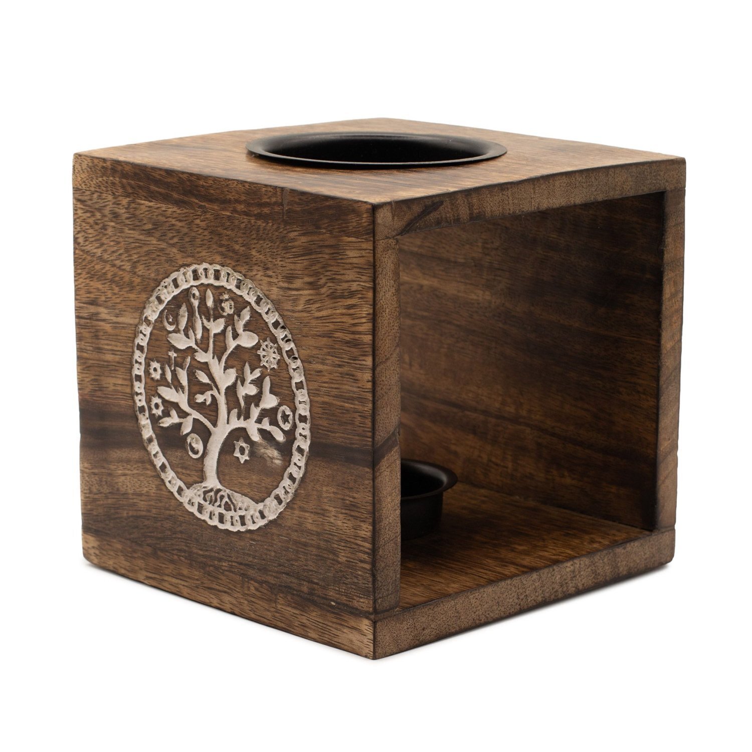 Large Mango Wood Oil Burner Tree of Life, Handcrafted Safe - Black