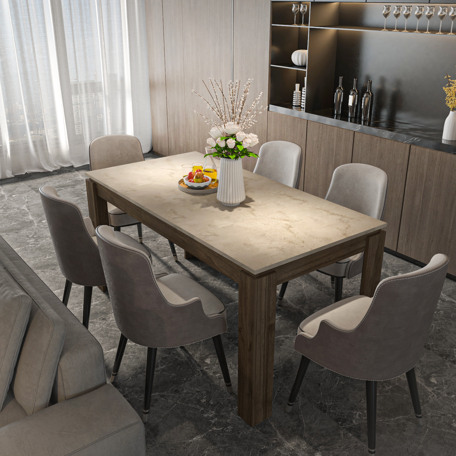 Decorotika Manhattan 6 Seater Walnut Traverter Dining Table - Image 3
