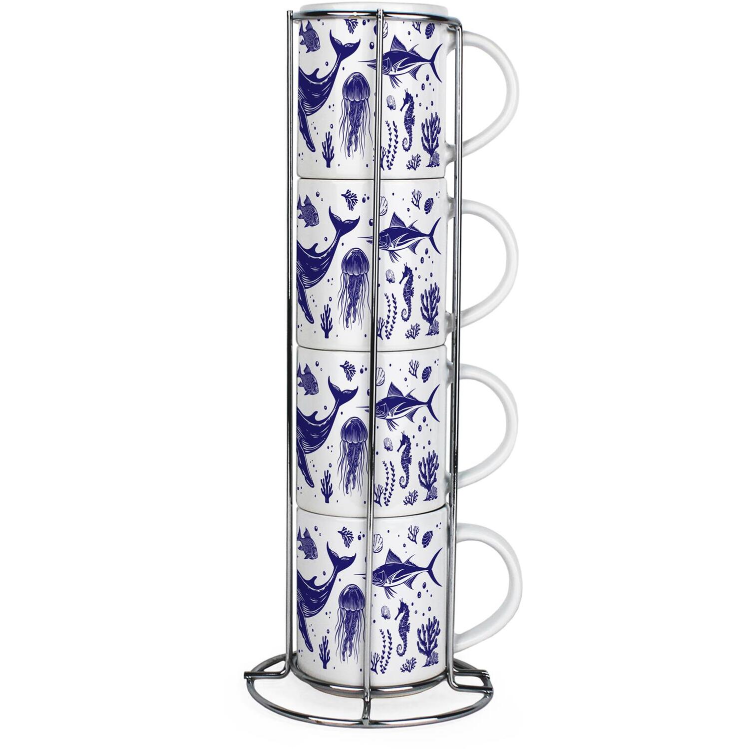 Marine Icons Stacking Mugs - Set of 4 Small Ceramic Cups & Metal Stand - Image 2
