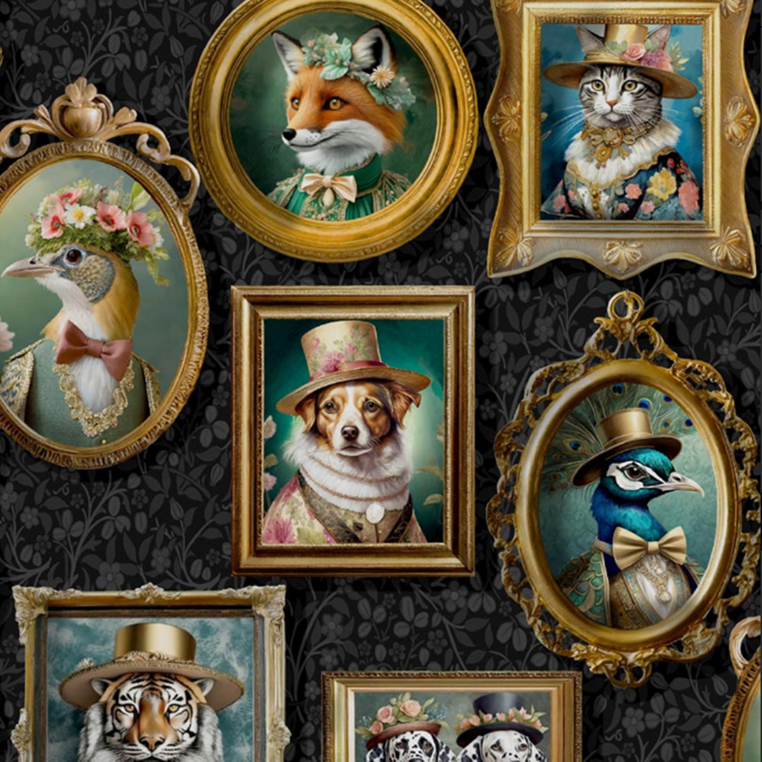SOPHIE LAURENCE Charcoal Animal Wallpaper – Victorian Dogs in Frames with Floral Leaf Details, Cats and Birds | Decorative Feature Wall - Image 3