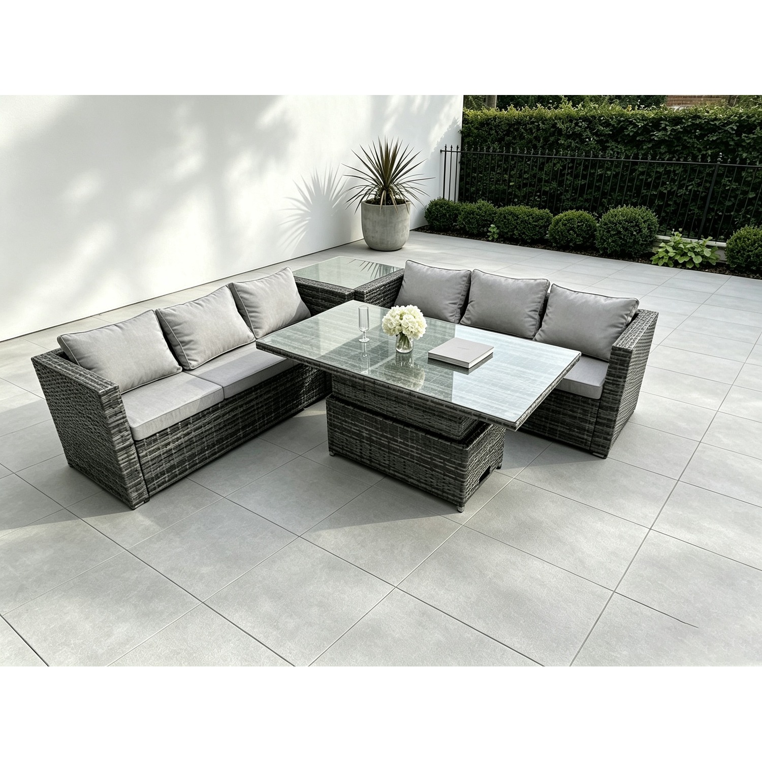 Fimous Dark/Grey 6 Seater?Outdoor Rattan Sofa Set Adjustable Rising Lifting Dining Table Side Tea Coffee Table Mixed - Image 2