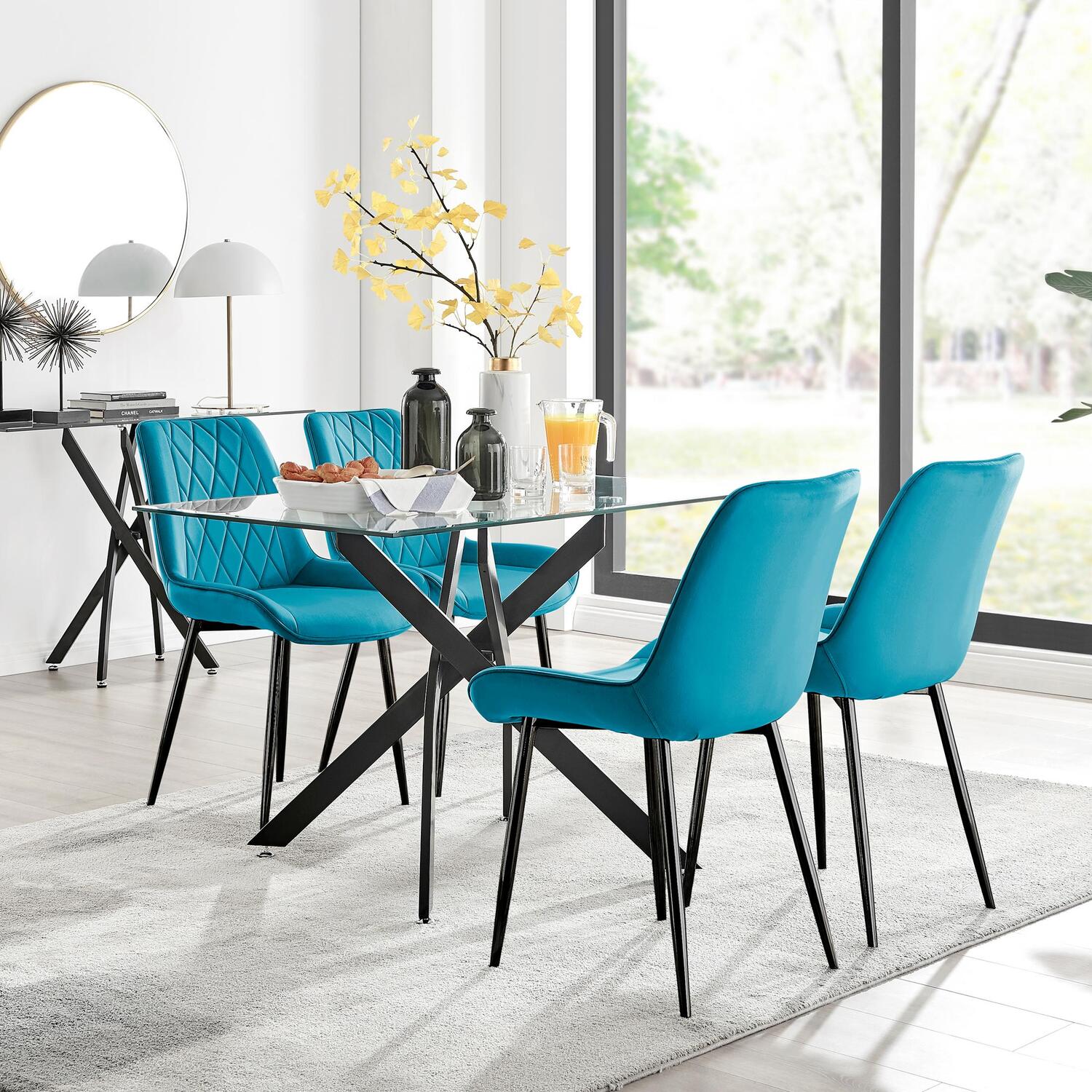 Furnitureboxuk Leonardo Black Leg Glass Dining Table With 4 Pesaro Black Leg Chairs - Blue