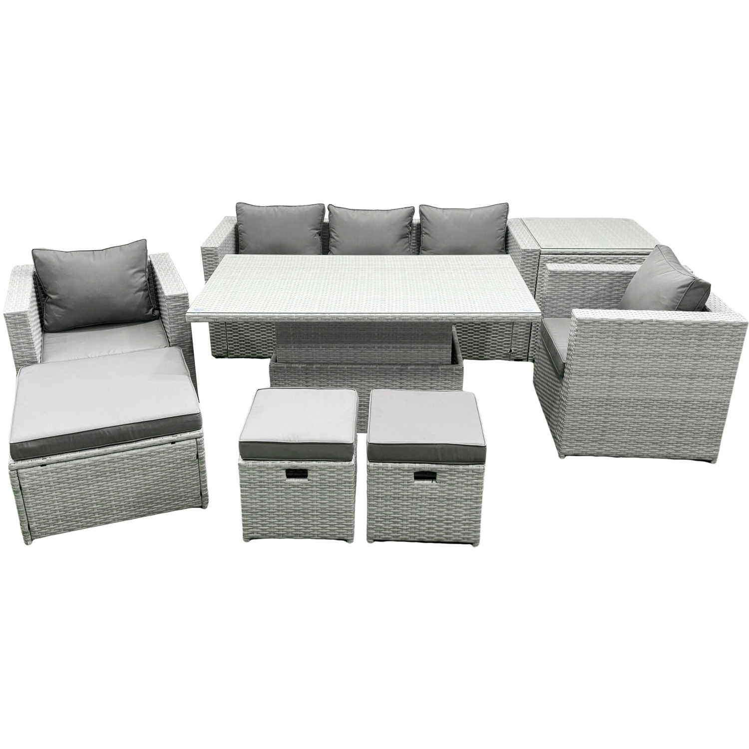 Rackhams Outdoor Rattan Garden Funiture Set Height Adjustable Rising Lifting Table Sofa Dining Set With 2 Armchairs Side Table Footstools - Image 2