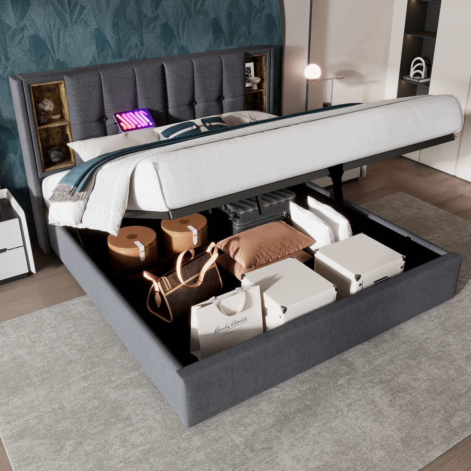 Aka Linen Hydraulic Bed With Usb-C & Large Storage - Grey
